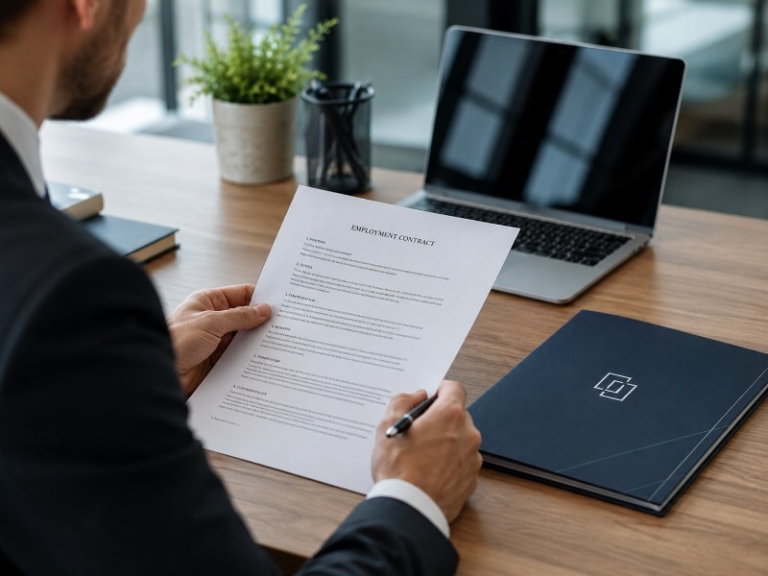 Illustration of a person reviewing contract documents at a desk