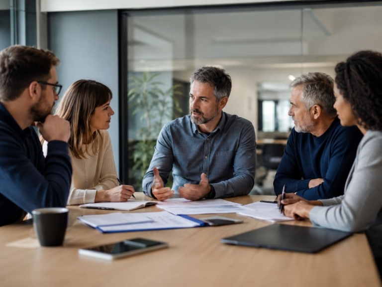 A modern office meeting with HR, management and union representatives discussing training plan
