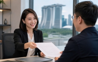 A professional HR manager presenting a clear printed offer letter to a smiling candidate in a modern