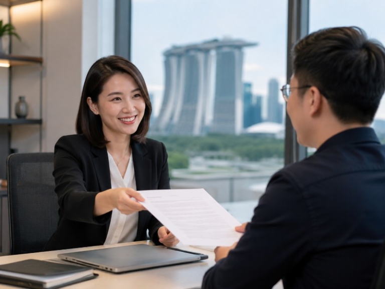 A professional HR manager presenting a clear printed offer letter to a smiling candidate in a modern