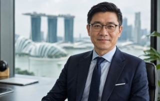 A professional portrait of an international executive in front of a subtle Singapore skyline backdrop