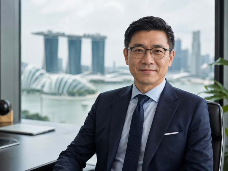 A professional portrait of an international executive in front of a subtle Singapore skyline backdrop