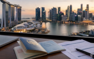 Close-up of a Singapore city skyline at dusk with an open passport and a PEP-style document on a