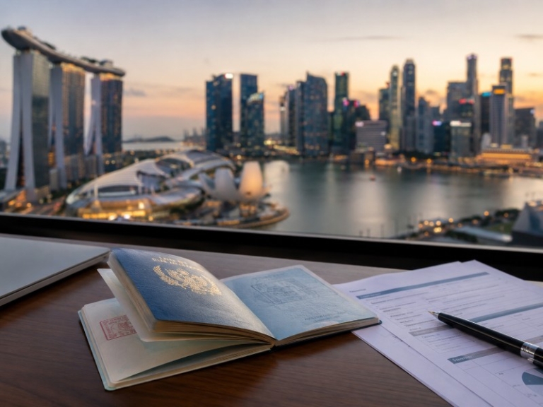 Close-up of a Singapore city skyline at dusk with an open passport and a PEP-style document on a