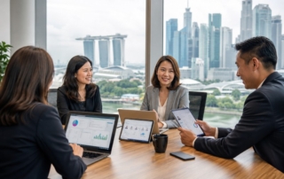 A professional HR team around a table with laptops and mobile devices showing HR dashboards