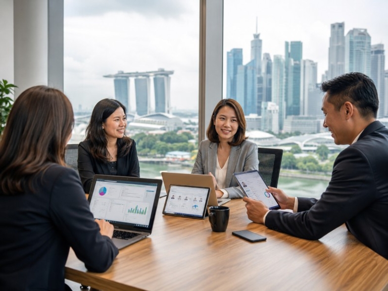 A professional HR team around a table with laptops and mobile devices showing HR dashboards