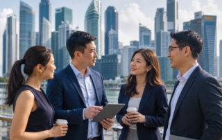 A modern Singapore skyline with diverse professionals in the foreground discussing recruitment strategies