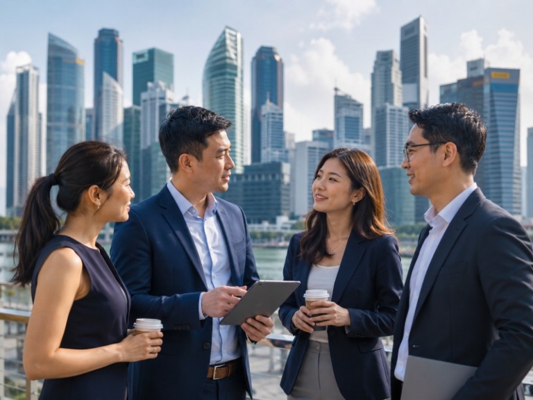 A modern Singapore skyline with diverse professionals in the foreground discussing recruitment strategies