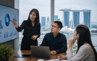 A professional office scene showing diverse employees discussing compensation charts on a screen, with a Singapore skyline