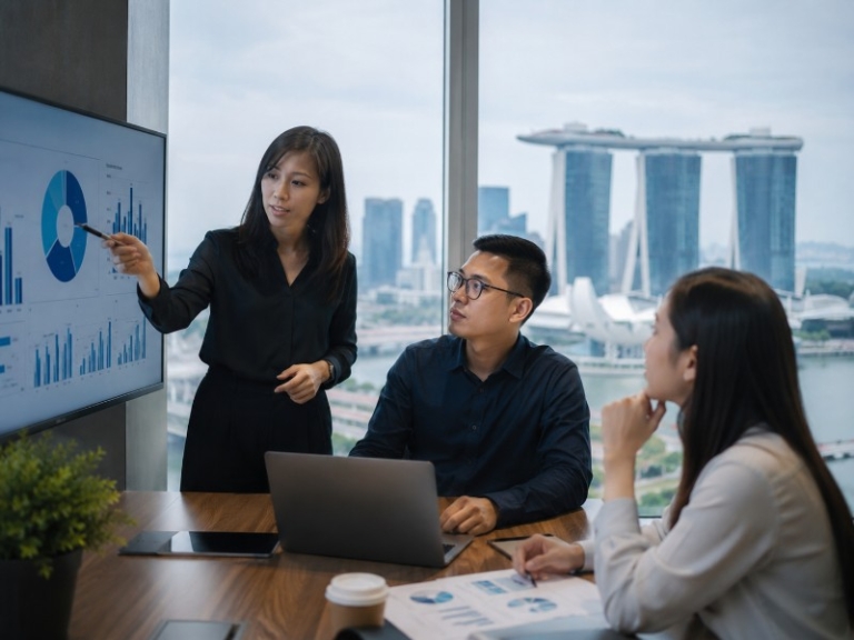 A professional office scene showing diverse employees discussing compensation charts on a screen, with a Singapore skyline