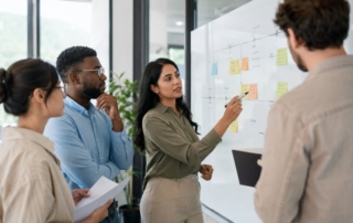 A diverse small office team planning growth on a whiteboard showing a hiri