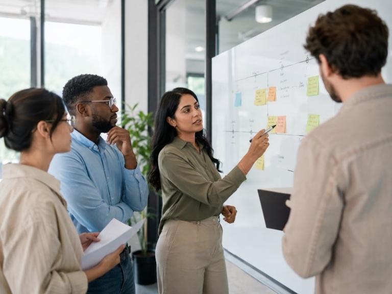 A diverse small office team planning growth on a whiteboard showing a hiri