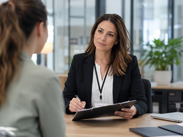 An HR manager observing a candidate at a desk with a clipboard and ID badge visible