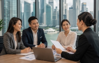 An office scene showing a small HR team consulting with a representative from an employment agency, with Singapore skyline in the background