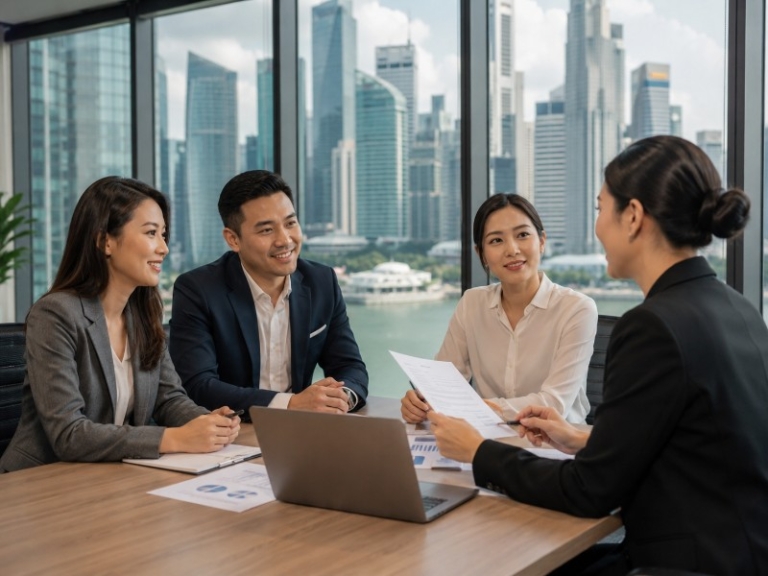 An office scene showing a small HR team consulting with a representative from an employment agency, with Singapore skyline in the background