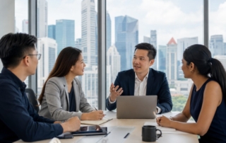 A professional Singapore office scene showing a diverse, stable-looking team in a meeting