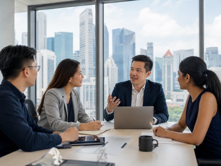 A professional Singapore office scene showing a diverse, stable-looking team in a meeting