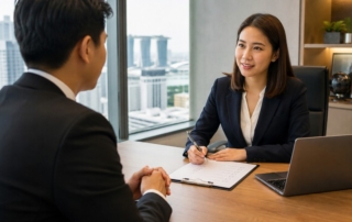 Professional interviewer and candidate in a modern Singapore office, with a visible checklist and laptop