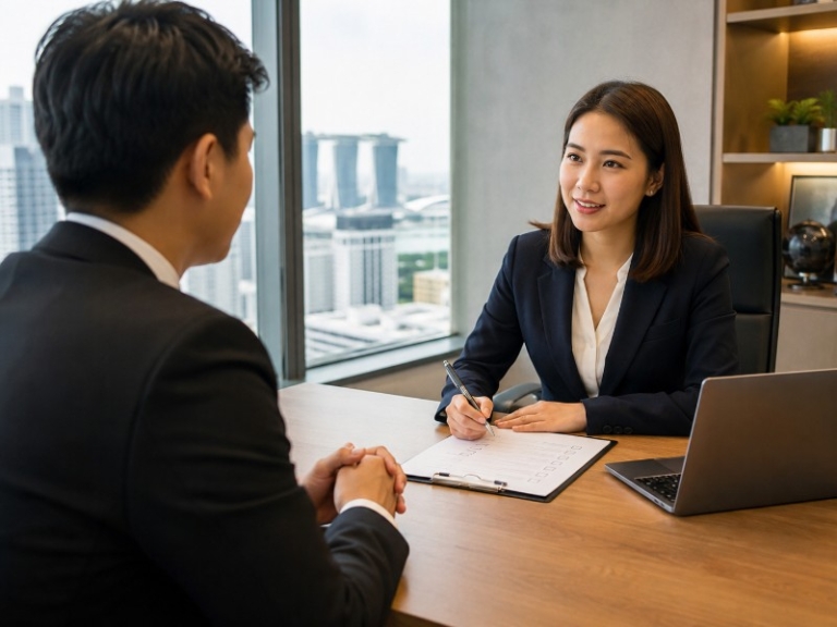 Professional interviewer and candidate in a modern Singapore office, with a visible checklist and laptop