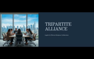 A professional office scene showing a diverse HR team in discussion with Singapore city skyline in the background (800x6