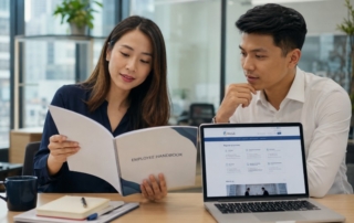 A modern office scene showing HR professionals reviewing a printed employee handbook and a laptop with Singapore regulat