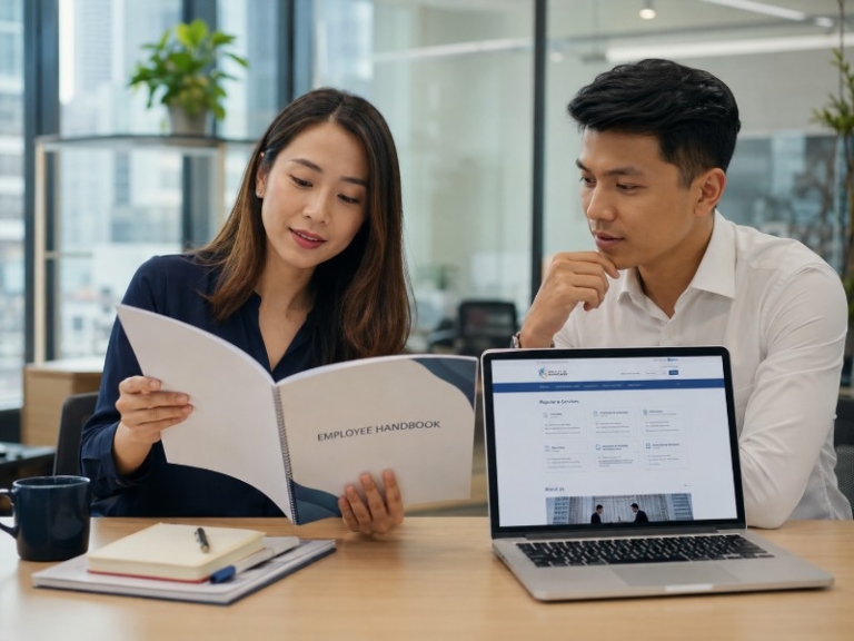 A modern office scene showing HR professionals reviewing a printed employee handbook and a laptop with Singapore regulat