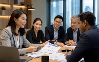 Professional diverse Singapore office team discussing benefits packages with HR in the foreground
