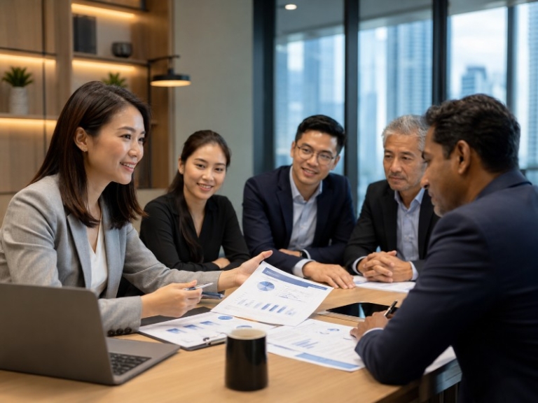 Illustration of colleagues reviewing documents around a meeting table
