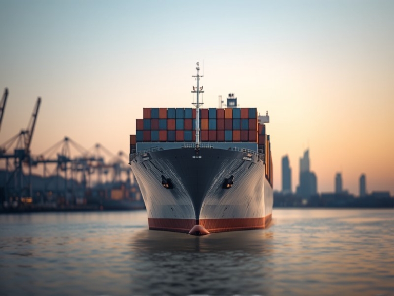 Illustration of a container ship approaching a port