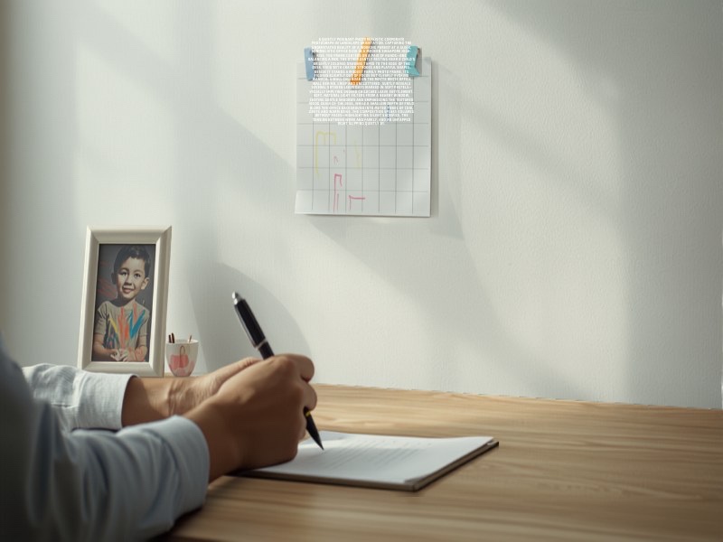 Illustration of a person writing notes at a desk