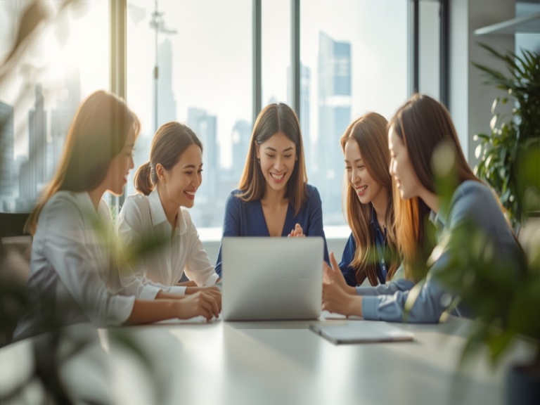 Illustration of colleagues working together on a laptop