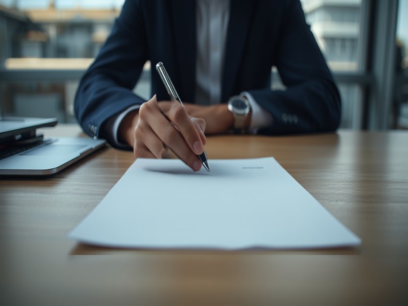 Illustration of a person signing a document at a desk