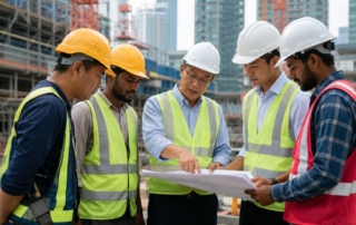 Singapore construction site with a mixed team of local and foreign workers discussing plans