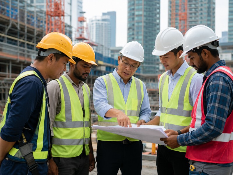 Singapore construction site with a mixed team of local and foreign workers discussing plans
