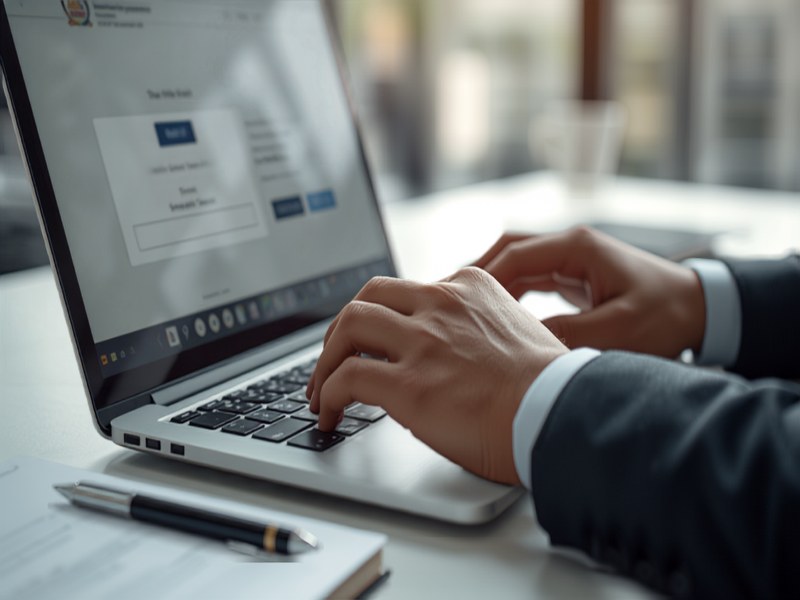 Employer reviewing an Employment Pass application and typing on a laptop