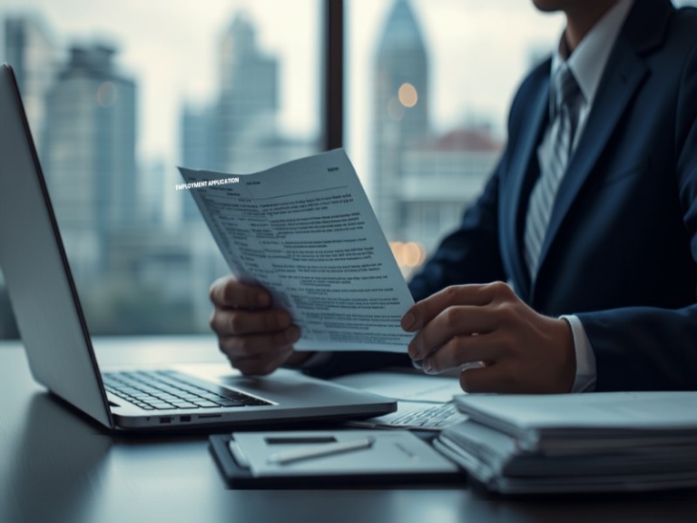 Illustration of a professional reviewing documents beside a laptop