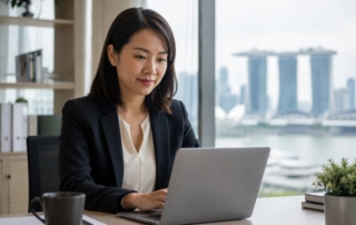 A professional HR manager reviewing online job ads on a laptop with the Singapore skyline faintly visible in the background