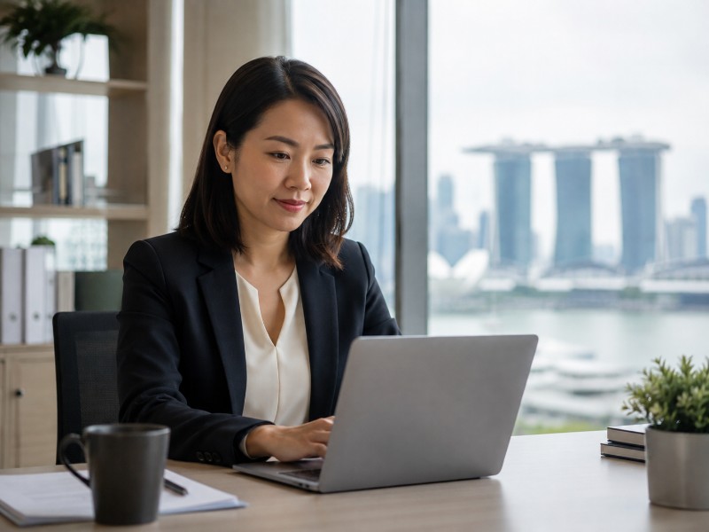 A professional HR manager reviewing online job ads on a laptop with the Singapore skyline faintly visible in the background