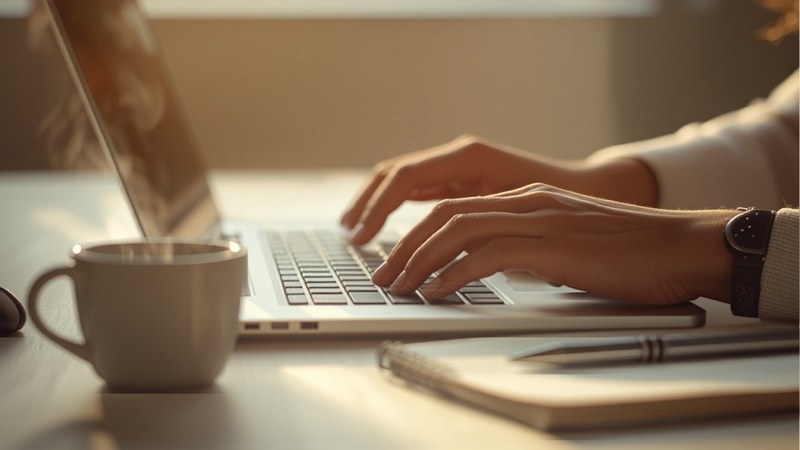 Close-up of hands typing on a laptop at a minimal desk