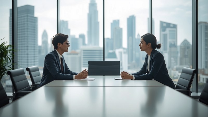 Two professionals in discussion across a table in a Singapore office