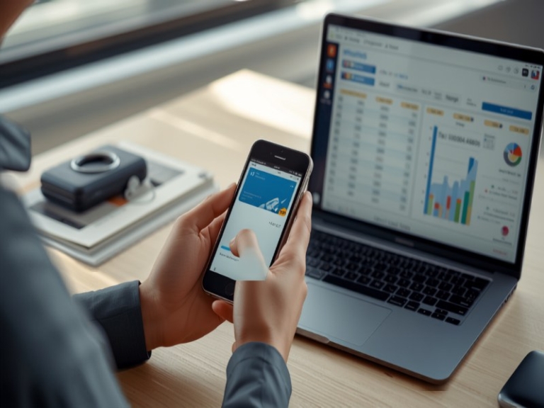Illustration of a mobile payment beside a payroll dashboard