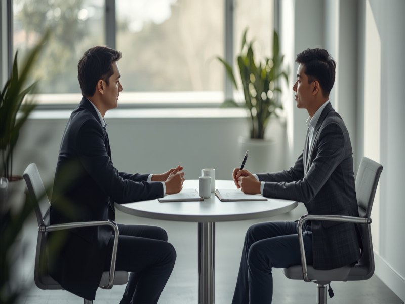 Hiring manager interviewing a sales candidate in a Singapore office
