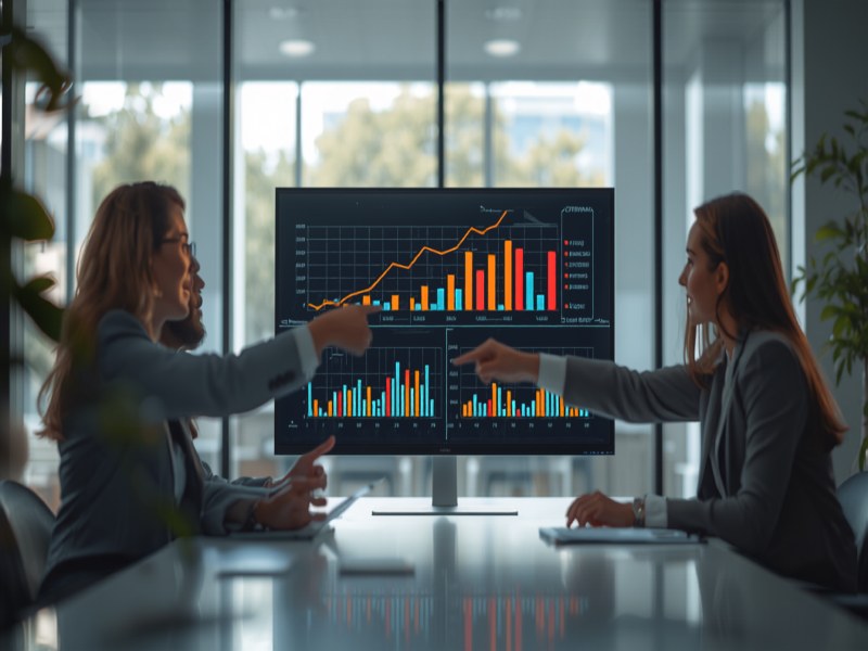 Managers reviewing sales performance figures on a monitor