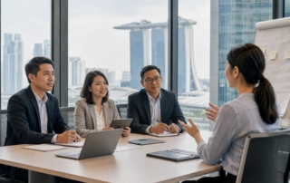 A professional Singapore office scene with a small panel of interviewers observing a leadership assessment exercise