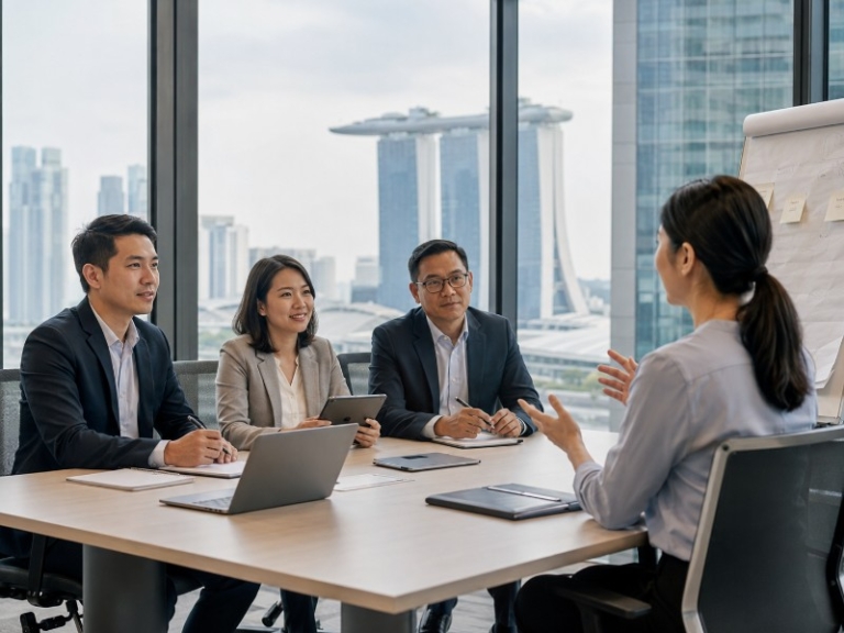 A professional Singapore office scene with a small panel of interviewers observing a leadership assessment exercise