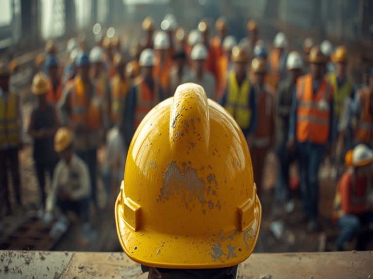 Illustration of a safety helmet with workers in the background