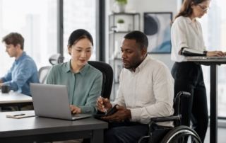 A diverse office scene showing employees working collaboratively in a quiet, well-lit workspace with assistive tech