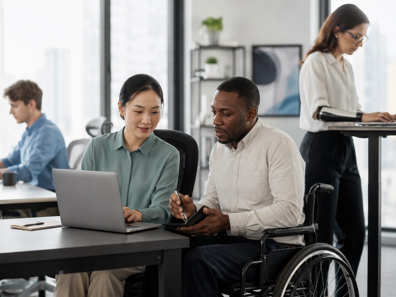 A diverse office scene showing employees working collaboratively in a quiet, well-lit workspace with assistive tech