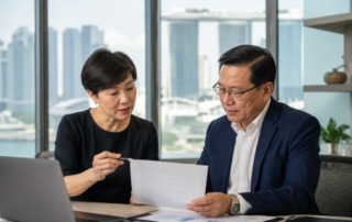 Two senior professionals in a modern Singapore office sharing a desk and reviewing documents together