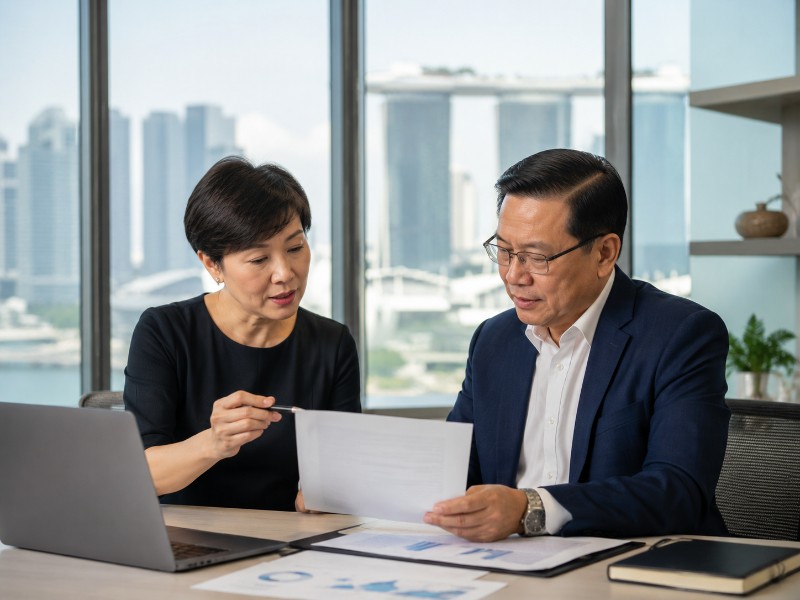 Two senior professionals in a modern Singapore office sharing a desk and reviewing documents together